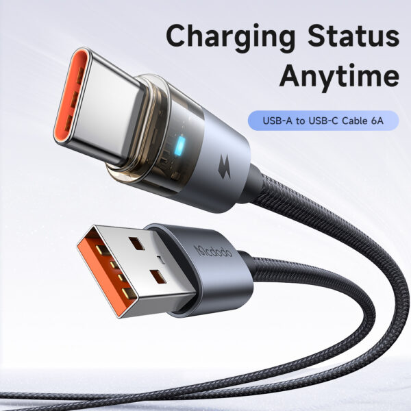 Transparente USB-A-zu-USB-C-Ladekabel mit Eisblauem Licht und 6A Stromstärke – Mcdodo CA-689 – Bild 6