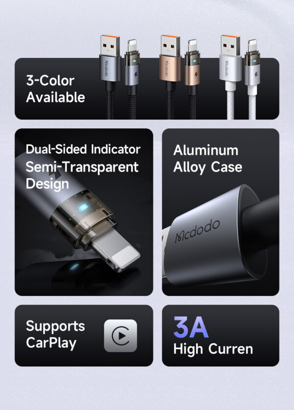 USB-A to Lightning 3A Transparent Charging Cable with LED Light – Mcdodo CA-691 – Bild 10