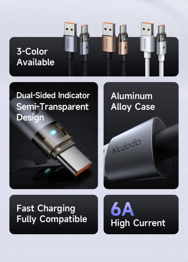 Transparente USB-A-zu-USB-C-Ladekabel mit Eisblauem Licht und 6A Stromstärke – Mcdodo CA-689 – Bild 11
