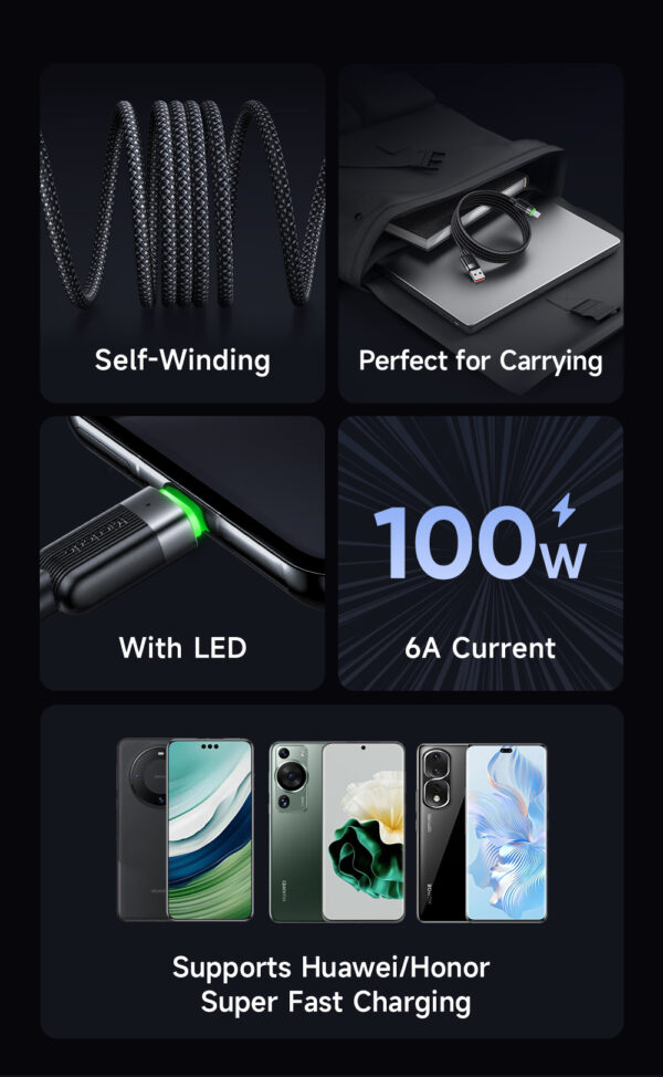 Transparente USB-A-zu-USB-C-Ladekabel Mcdodo CA-5650 mit grünem LED-Licht, magnetischem Design, 6A Schnellladung – 1,2 Meter – Bild 8