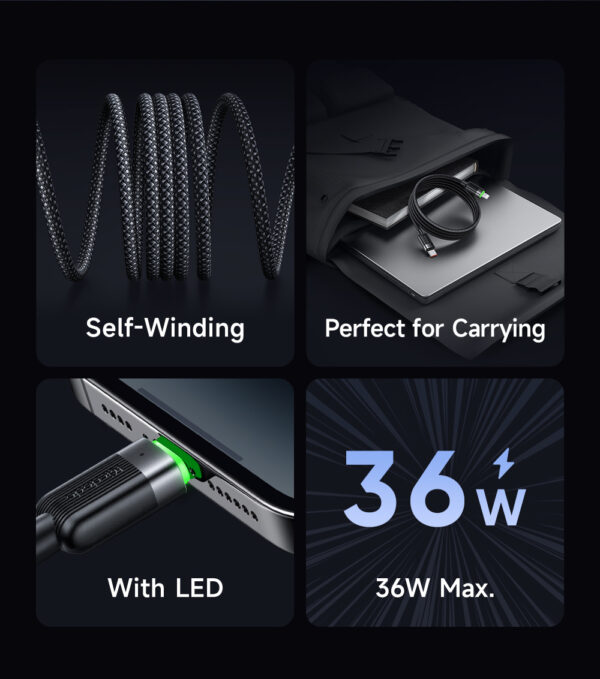 USB-C auf Lightning Magnetisches Schnellladekabel mit grünem Licht – Mcdodo CA-2010, 36W, 1,2 Meter, selbstaufrollend – Bild 8
