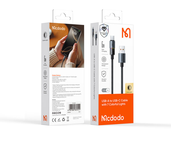 USB-A to USB-C RGB Cable with 7 Color Lights & 6A Fast Charging – Mcdodo CA-8180 – Bild 8