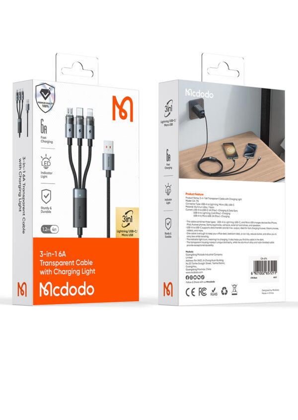 3-in-1 Transparent 6A Charging Cable with Ice Blue LED – Mcdodo CA-7150 – Bild 8