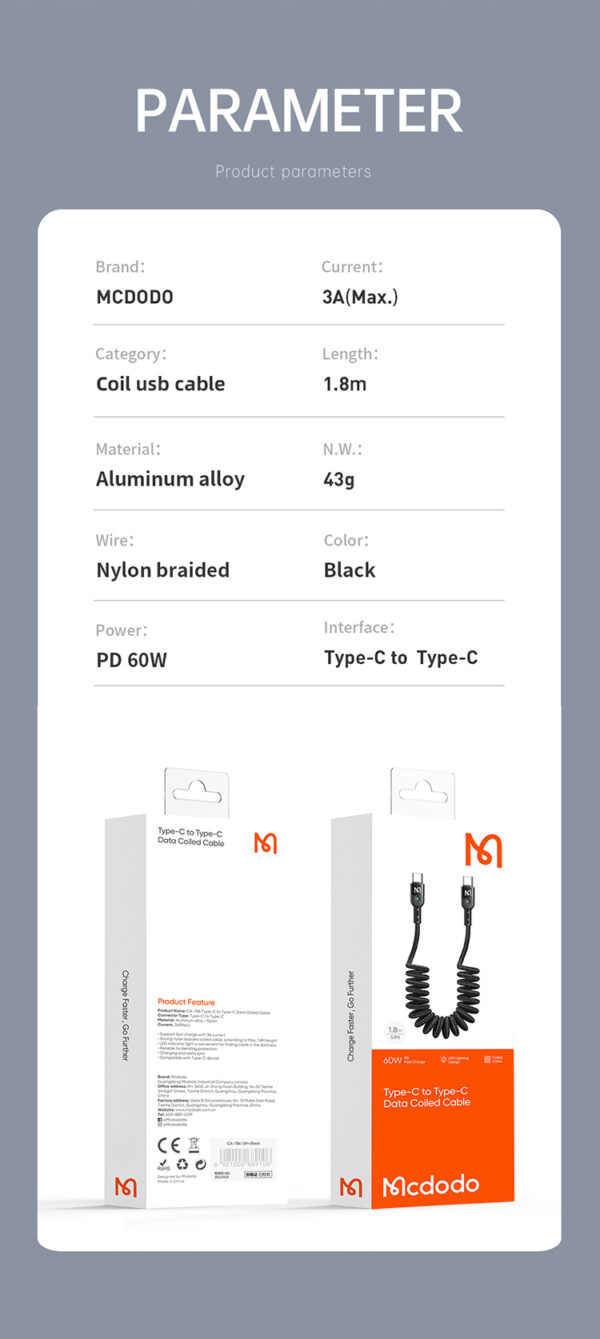 USB-C to USB-C Spiral Charging Cable 1.8m  60W – Mcdodo CA-7860 – Bild 16