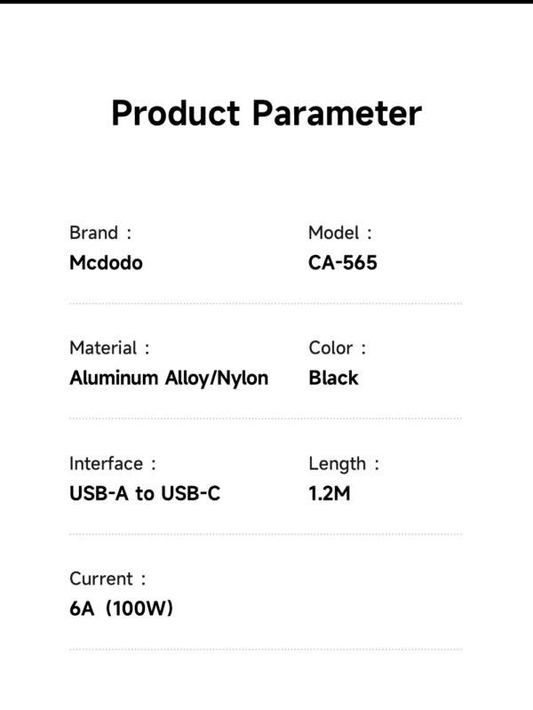 Transparente USB-A-zu-USB-C-Ladekabel Mcdodo CA-5650 mit grünem LED-Licht, magnetischem Design, 6A Schnellladung – 1,2 Meter – Bild 13