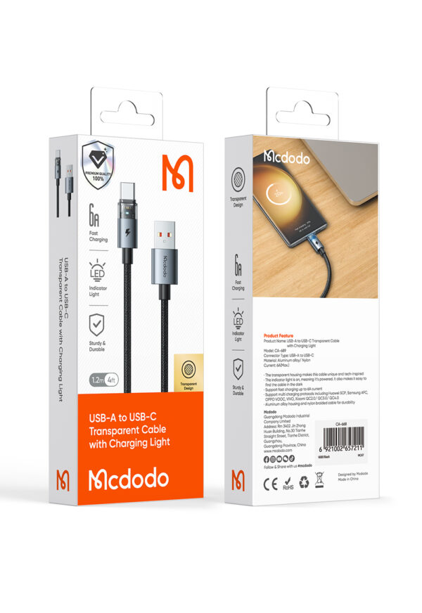 Transparente USB-A-zu-USB-C-Ladekabel mit Eisblauem Licht und 6A Stromstärke – Mcdodo CA-689 – Bild 15