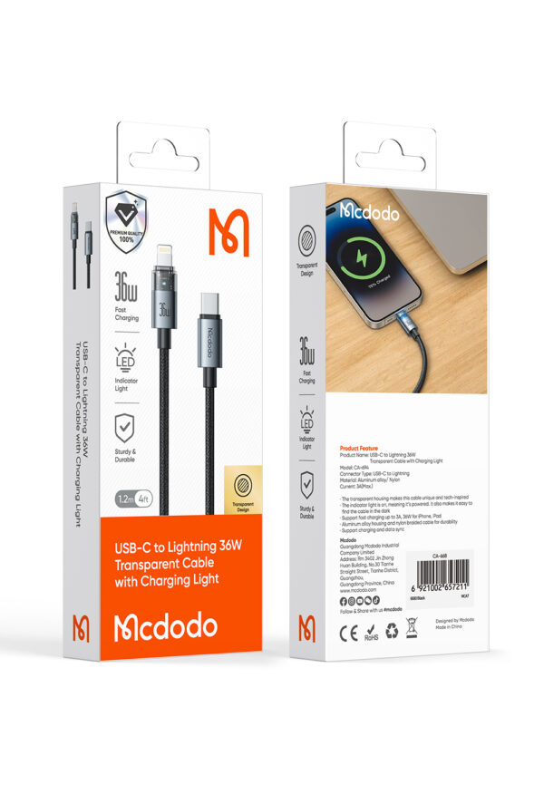 Transparente USB-C auf Lightning Ladekabel mit Ladestatusanzeige – Mcdodo CA-694, 36W, 1.2m – Bild 16