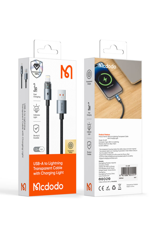 USB-A to Lightning 3A Transparent Charging Cable with LED Light – Mcdodo CA-691 – Bild 15