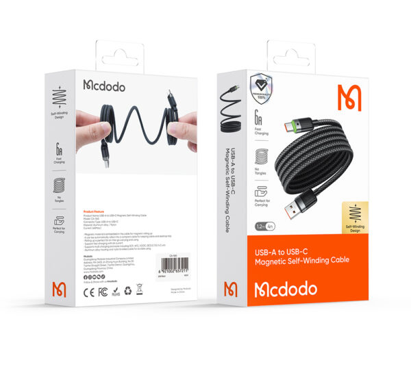 Transparente USB-A-zu-USB-C-Ladekabel Mcdodo CA-5650 mit grünem LED-Licht, magnetischem Design, 6A Schnellladung – 1,2 Meter – Bild 12