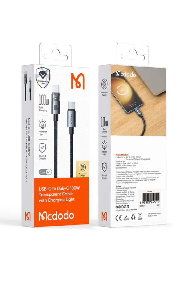 Transparente USB-C-zu-USB-C-Ladekabel mit Eisblauem Licht und 100W Leistung – Mcdodo CA-558 – Bild 17