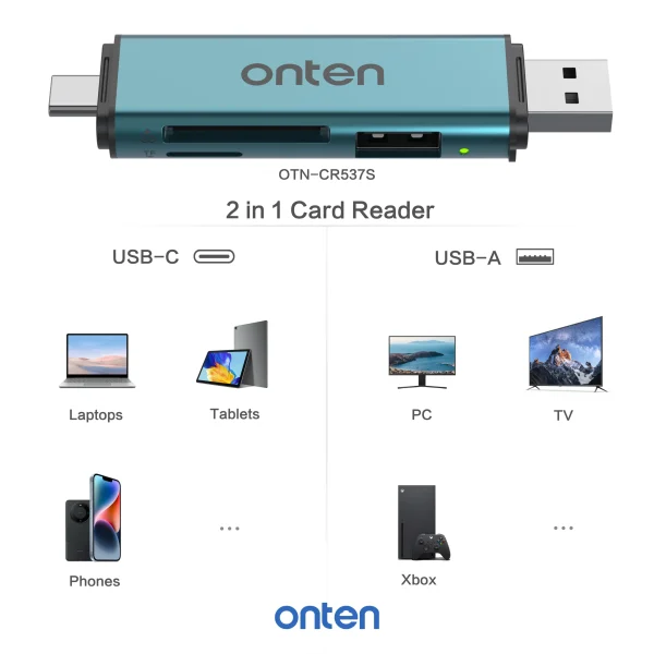 Dual USB-C & USB-A Card Reader with SD/TF Support and USB 3.0 Hub - Onten CR537S – Bild 3