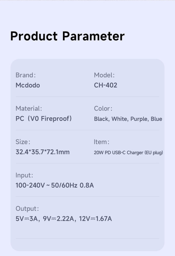 20W USB-C Schnellladegerät - Mcdodo CH-402 (EU-Stecker) – Bild 13