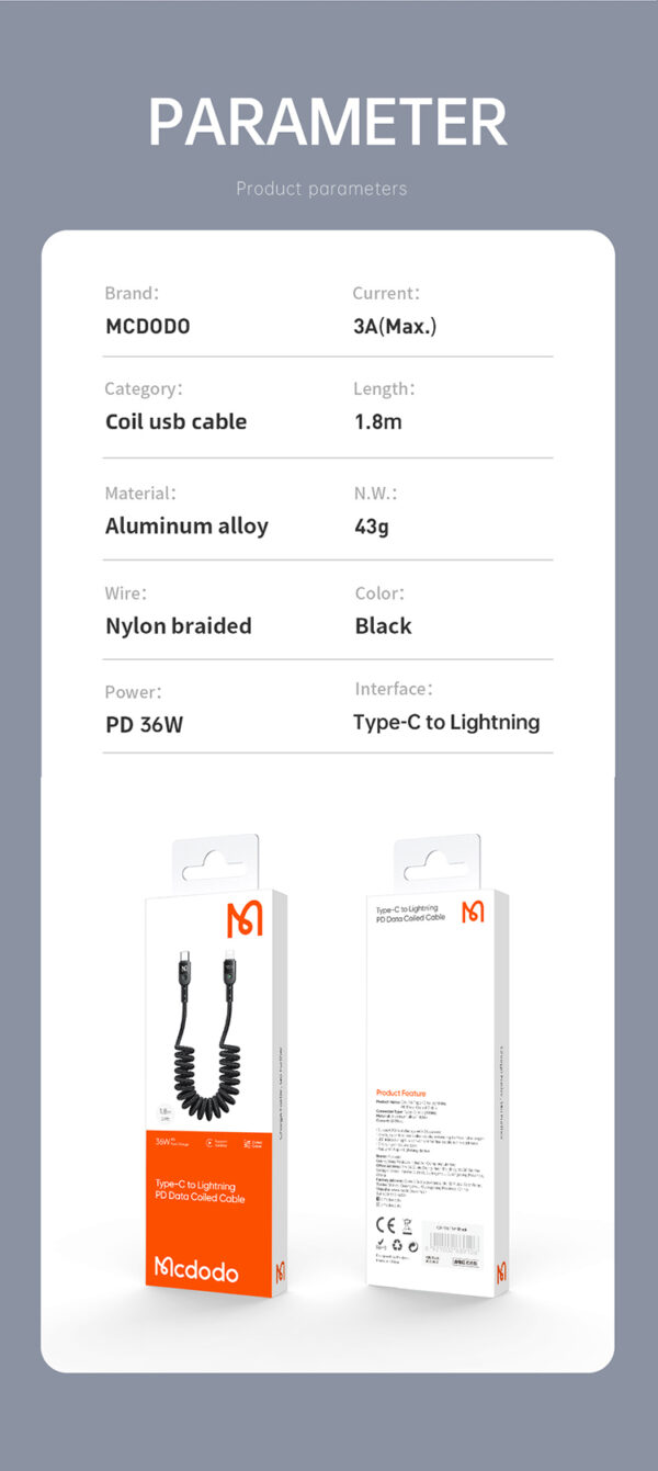 Spiralkabel USB-C auf Lightning 1,8 m - Mcdodo CA-1960 – Bild 9