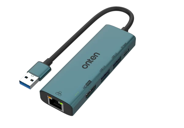 USB-zu-HDMI-Hub mit 5 Anschlüssen: RJ45, USB 3.0, USB 2.0, USB-C und HDMI-Ausgang (1080p) - Onten OTN-US125
