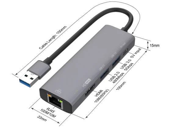 USB-zu-HDMI-Hub mit 5 Anschlüssen: RJ45, USB 3.0, USB 2.0, USB-C und HDMI-Ausgang (1080p) - Onten OTN-US125 – Bild 3