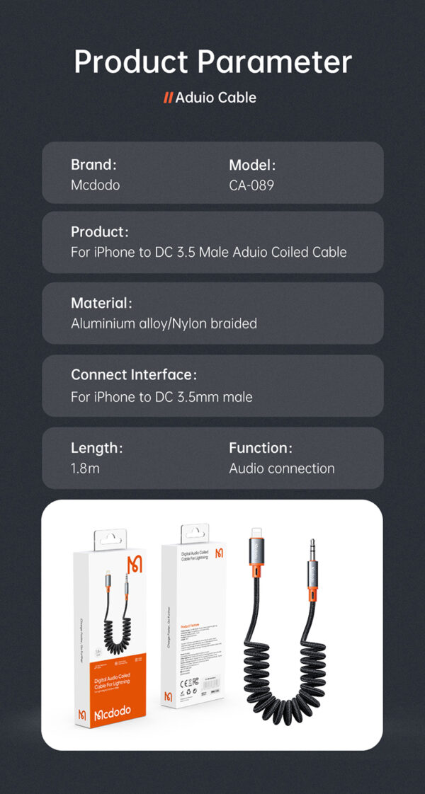 Lightning to 3.5mm Audio Coiled Cable 1.8m – Mcdodo CA-0890 – Bild 15