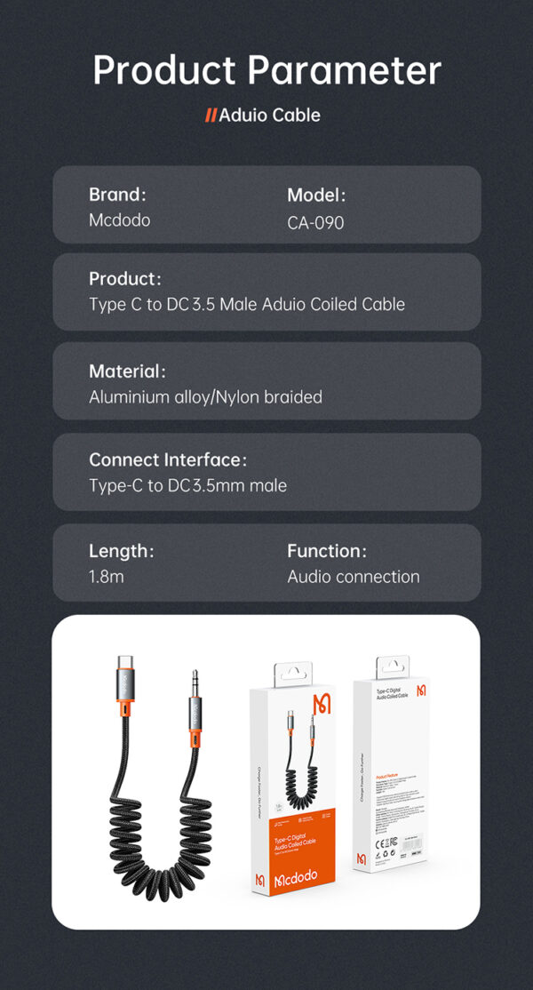 USB-C to 3.5mm Audio Coiled Cable 1.8m – Mcdodo CA-0900 – Bild 16