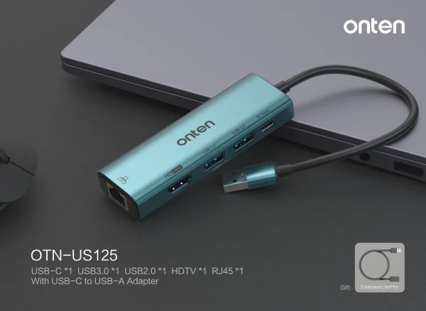 USB-zu-HDMI-Hub mit 5 Anschlüssen: RJ45, USB 3.0, USB 2.0, USB-C und HDMI-Ausgang (1080p) - Onten OTN-US125 – Bild 5