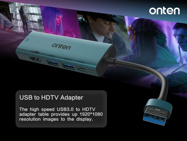 USB-zu-HDMI-Hub mit 5 Anschlüssen: RJ45, USB 3.0, USB 2.0, USB-C und HDMI-Ausgang (1080p) - Onten OTN-US125 – Bild 6