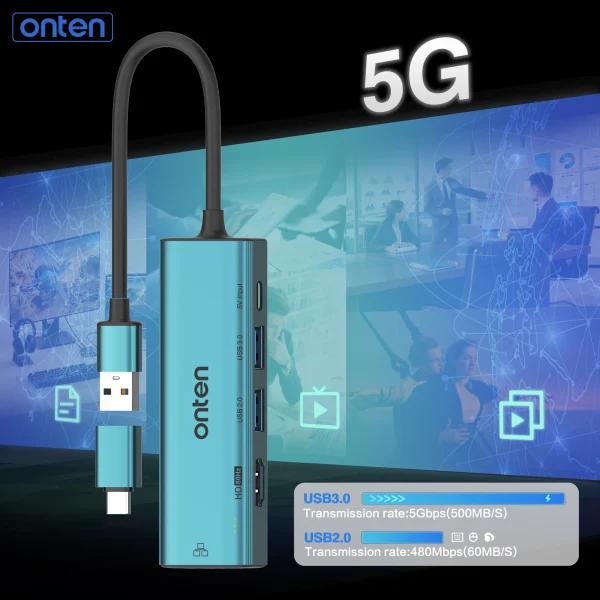 USB-zu-HDMI-Hub mit 5 Anschlüssen: RJ45, USB 3.0, USB 2.0, USB-C und HDMI-Ausgang (1080p) - Onten OTN-US125 – Bild 7