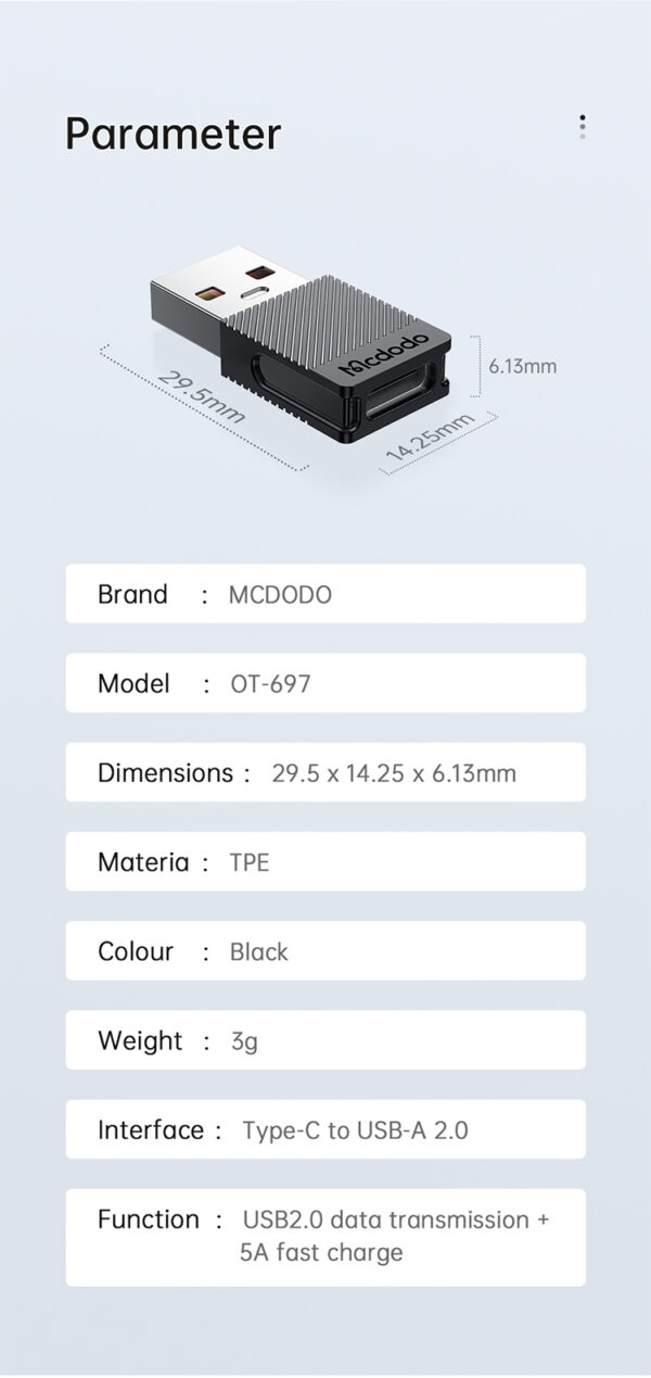 Type-C 5A to USB-A 2.0 Convertor – Mcdodo OT-6970 – Bild 11