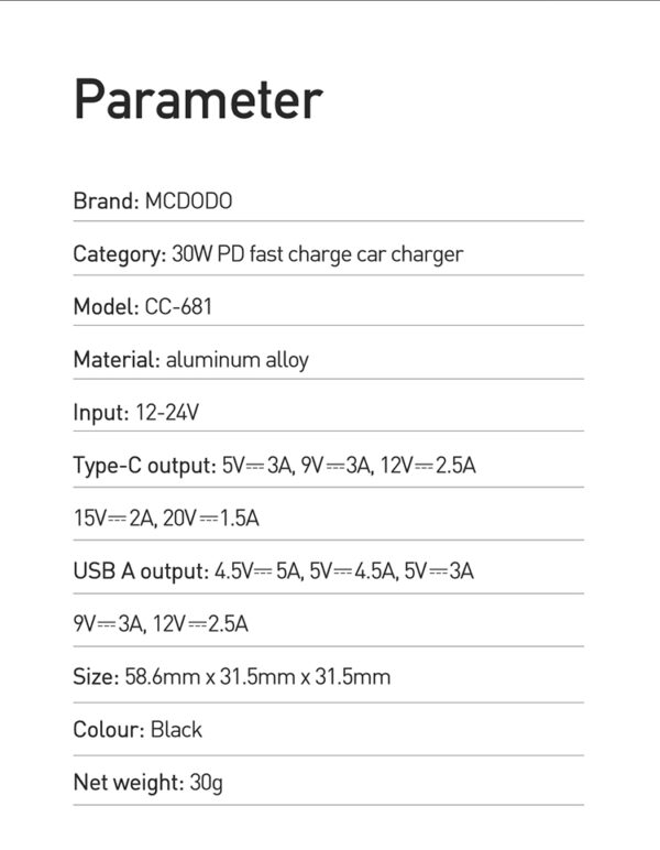 30W Car Charger with Digital Display (PD + 5A Fast Charging) - Mcdodo CC-6810 – Bild 20