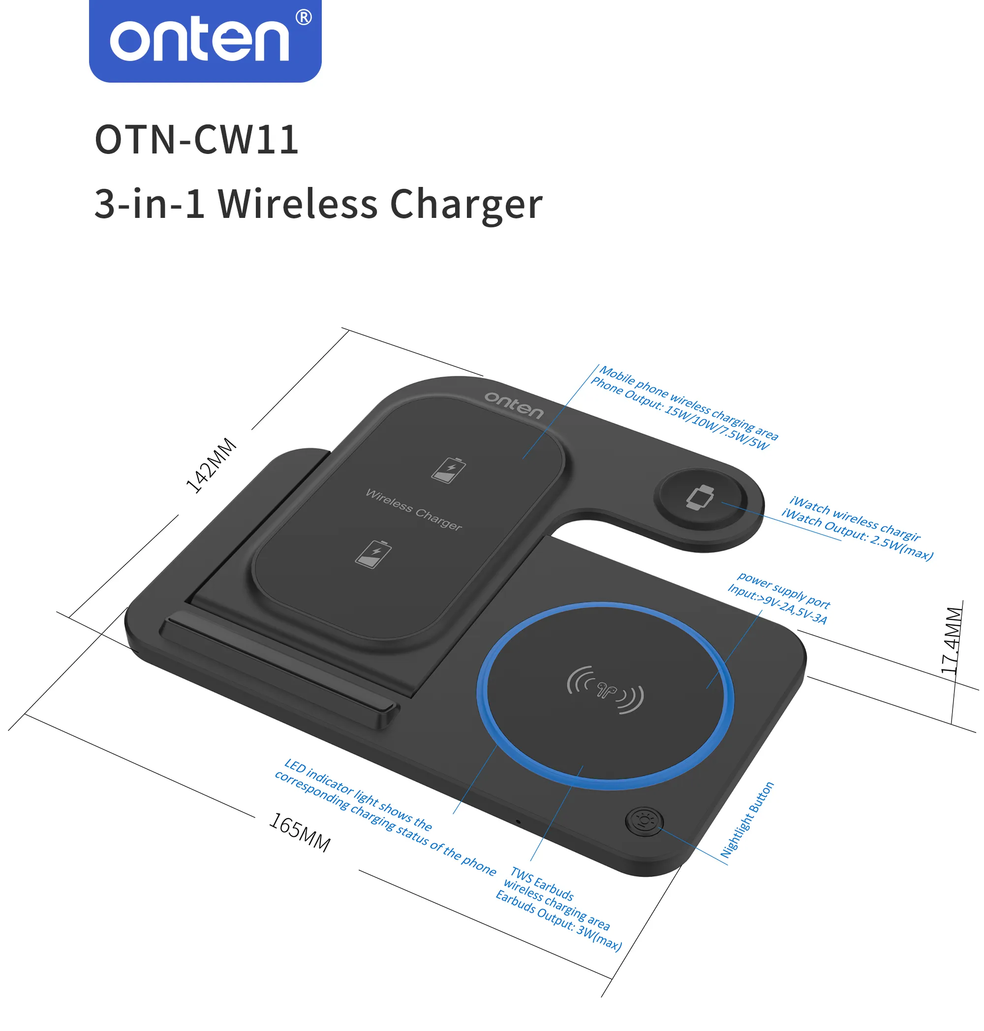 Drahtloses 3-in-1-Ladegerät – Für Smartphone, Smartwatch und kabellose Kopfhörer – Onten OTN-CW12