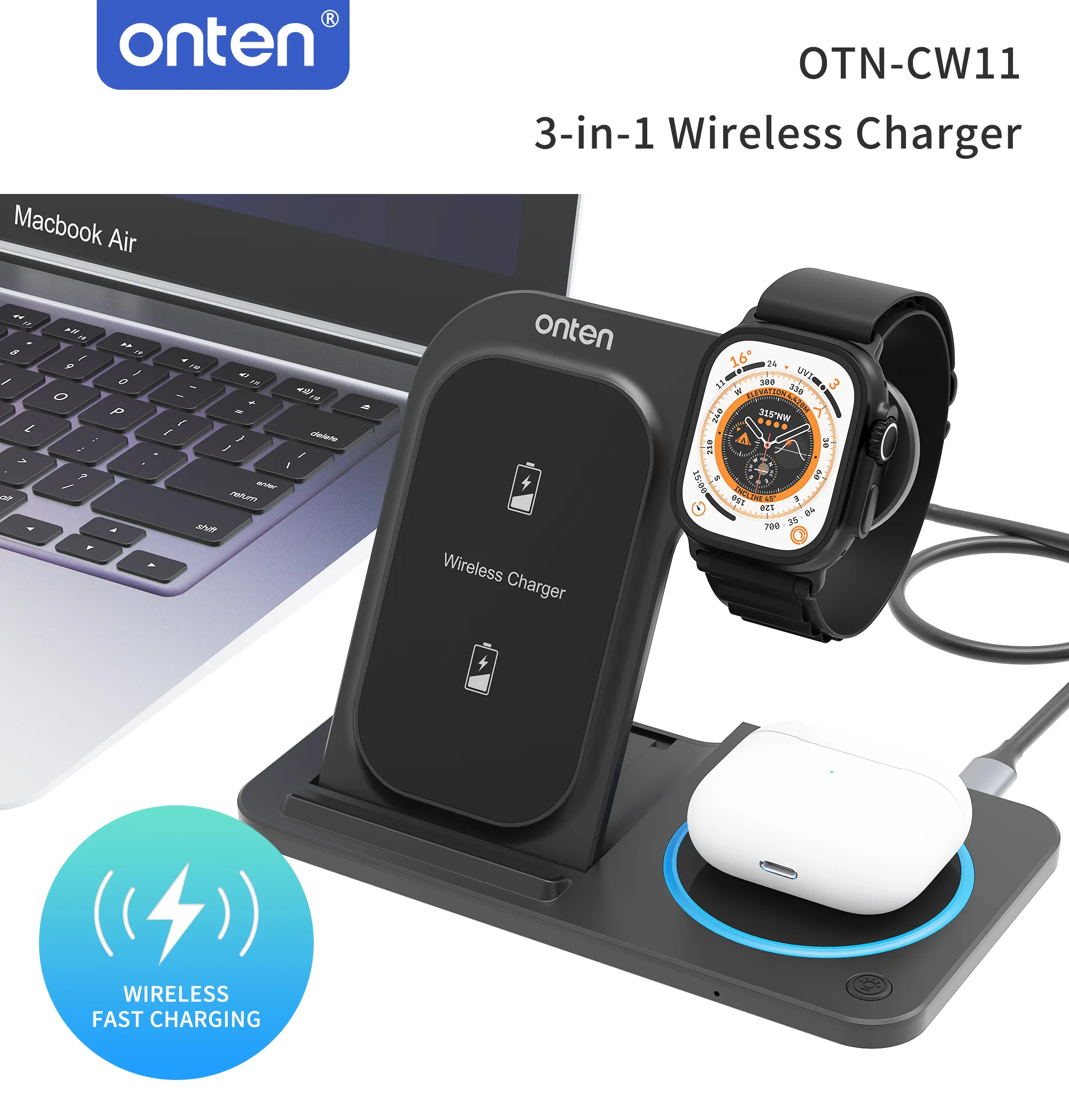 Drahtloses 3-in-1-Ladegerät – Für Smartphone, Smartwatch und kabellose Kopfhörer – Onten OTN-CW12