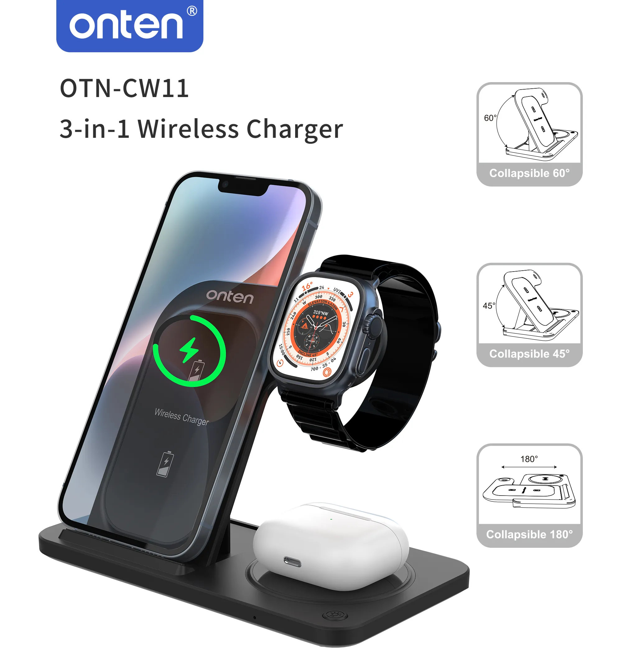 Drahtloses 3-in-1-Ladegerät – Für Smartphone, Smartwatch und kabellose Kopfhörer – Onten OTN-CW12