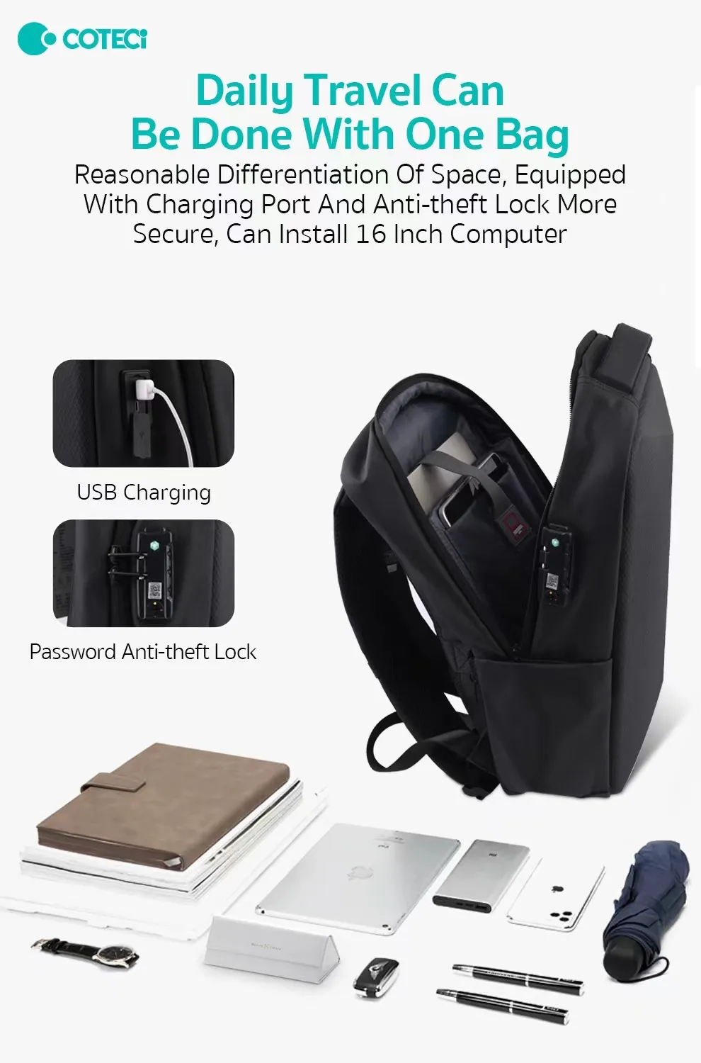 COTECi Space Series 14028 – Diebstahlsicherer Rucksack mit USB & Laptopfach | Techmann
