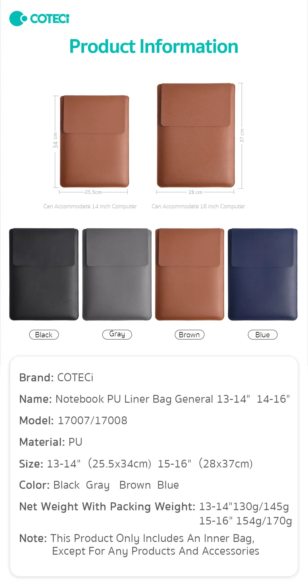 PU-Laptophülle Modell 17008 – geeignet für 14–16 Zoll Notebooks - COTECi